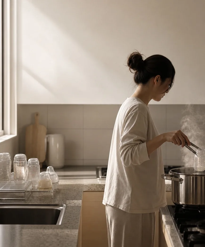 햇살이 비치는 주방에서 젖병을 준비하는 보호자