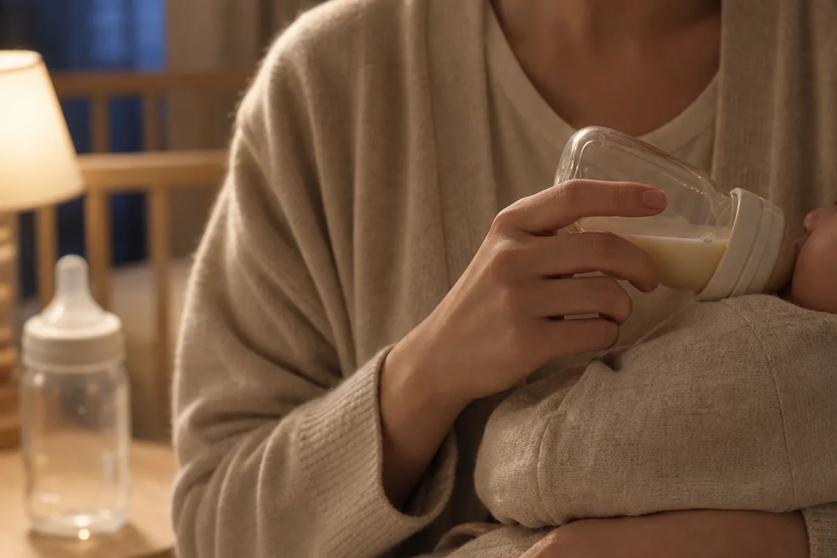 따뜻한 조명 아래 아기에게 젖병을 물리는 보호자의 손